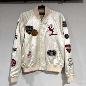 POLO Ralph Lauren Ivory Satin Patch Bomber Jacket Size L Never Worn